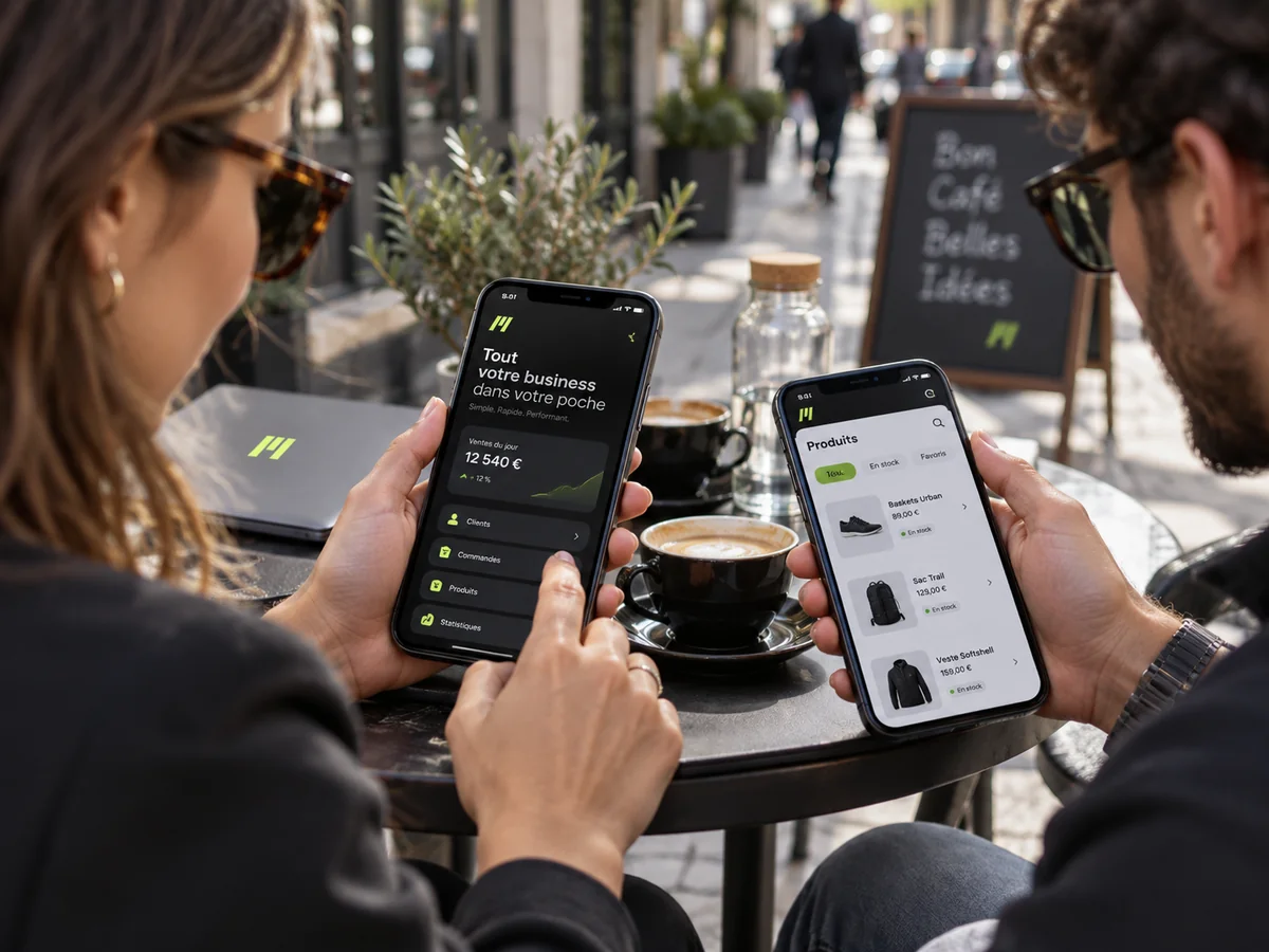 Présentation d’interfaces d’application mobile sur deux smartphones.